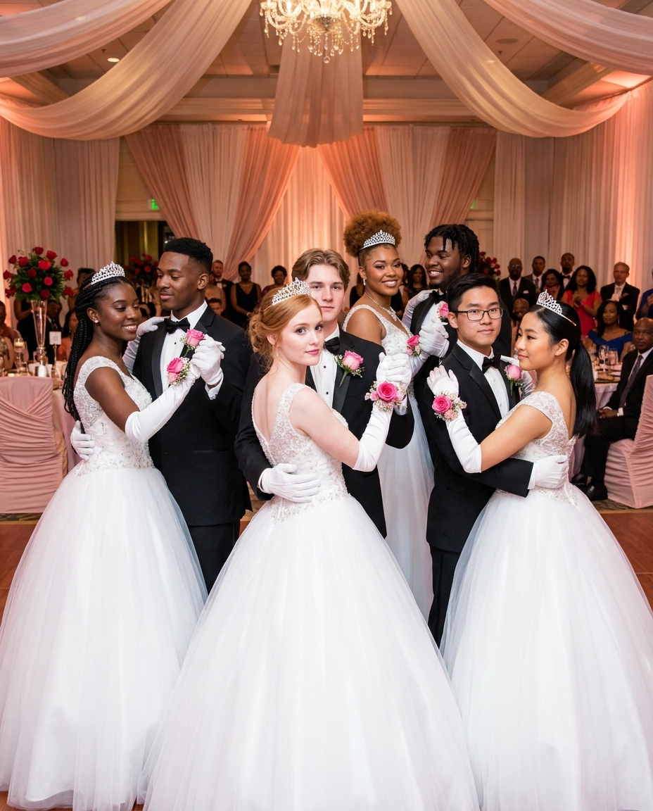 A diverse group of young people in white debutante gowns and black tuxedos standing in a gilded ballroom — the Crown & Crumble Gala