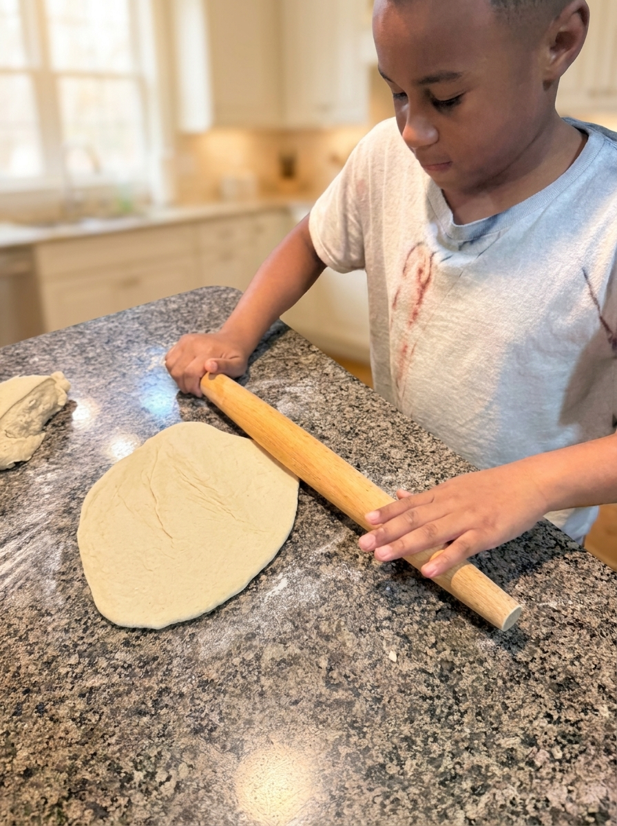 A young Crumbs & Crowns student rolling out dough on the kitchen counter